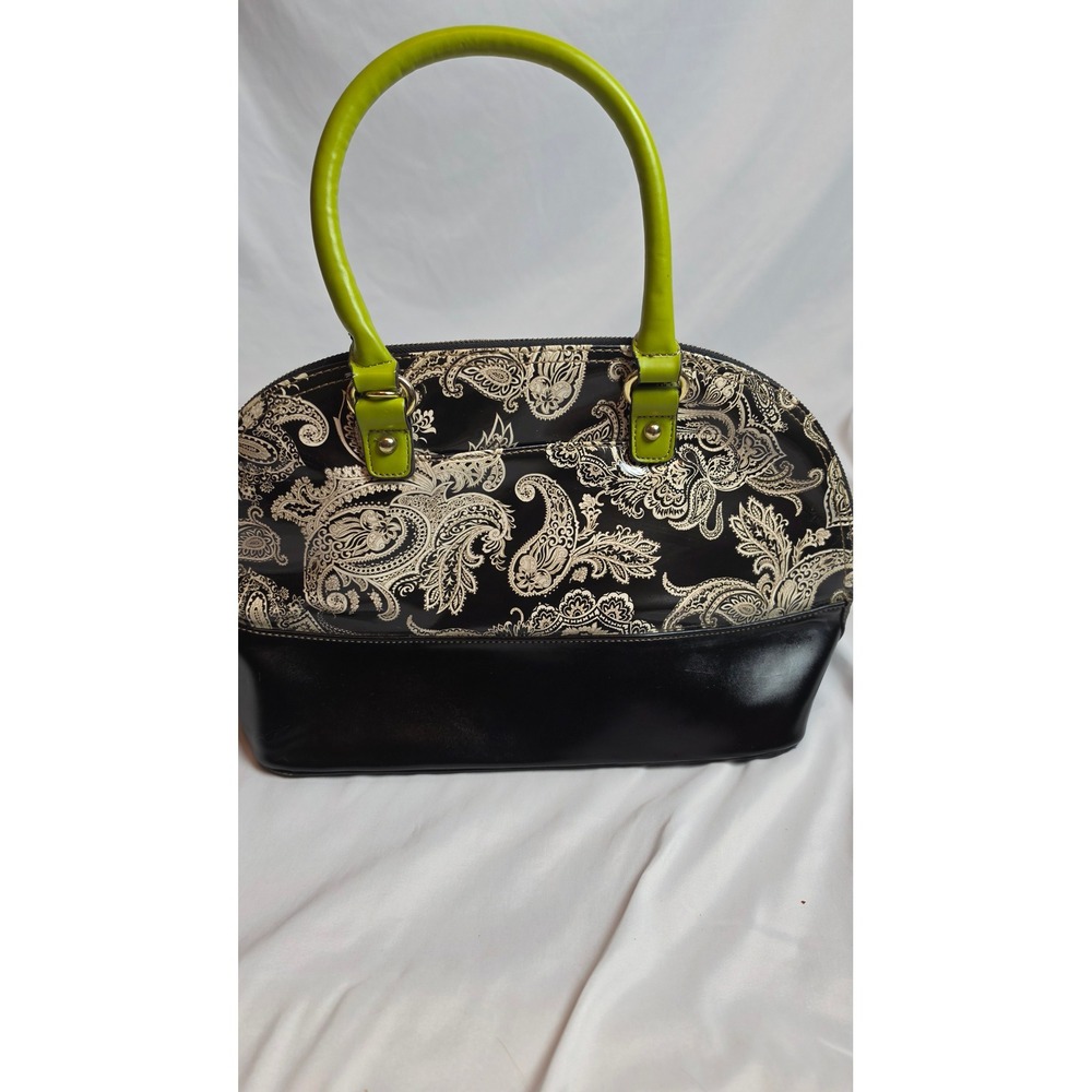 Anne Klein Paisley Satchel Bag Black White Lime Green Y2K Retro Statement Purse - Picture 8 of 8